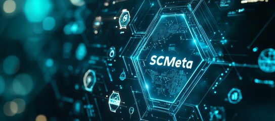 Obraz premium Futuristic digital network visualization, showcasing global connectivity and data flow within a hexagonal framework