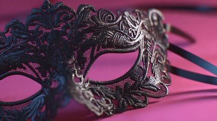 Elegant Black Lace Mask on Luxurious Red Satin Fabric