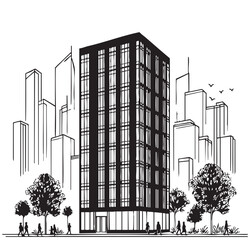 High rise building sketch. Architecture with silhouette of people and tree