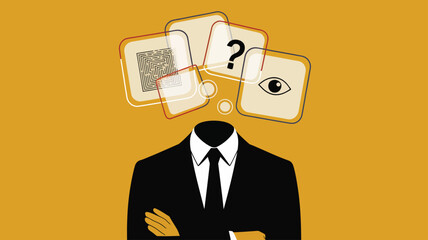 conceptual business illustration of person in suit with floating icons as head, symbolizing identity, digital data, and complex decision-making