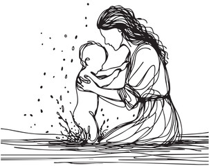 Female and baby in water. Hand drawn doodle vector illustration