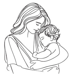 Abstract family continuous line art. Young mom hugging her baby sketch