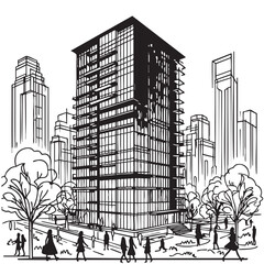 Modern residential building with people and tree. Real estate concept. Line sketch