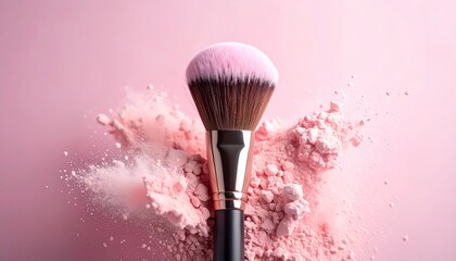 Pink makeup brush releasing a burst of powder on a pink background. beauty, cosmetics, makeup ads, skincare branding, and feminine product