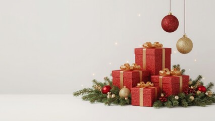 Festive red Christmas gift box with Christmas ornaments, pine tree branches. Christmas cheer. In a professional photo studio. Generative AI Illustration