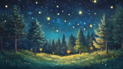 Enchanted forest at night with glowing lights and starry sky