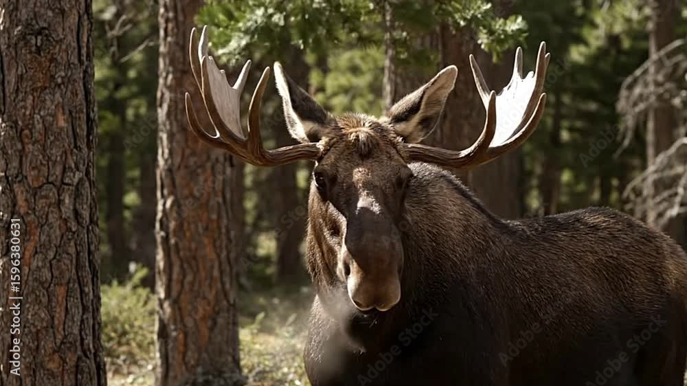 Poster a large moose stands in a forest setting its antlers prominently displayed against the backdrop of t