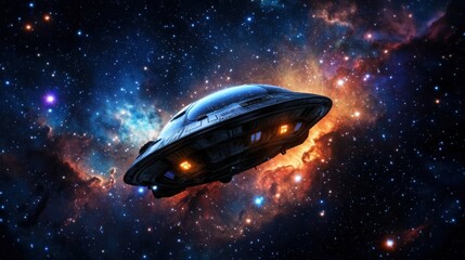 Obraz premium Alien spacecraft in nebulae, cosmic background