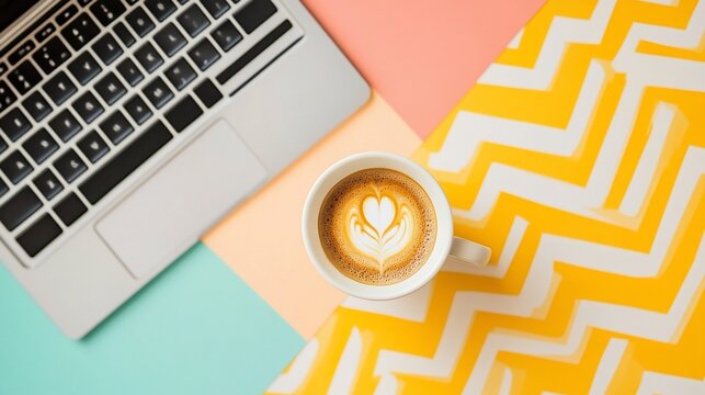 Creative workspace with laptop and latte art coffee on colorful backdrop - Powered by Adobe