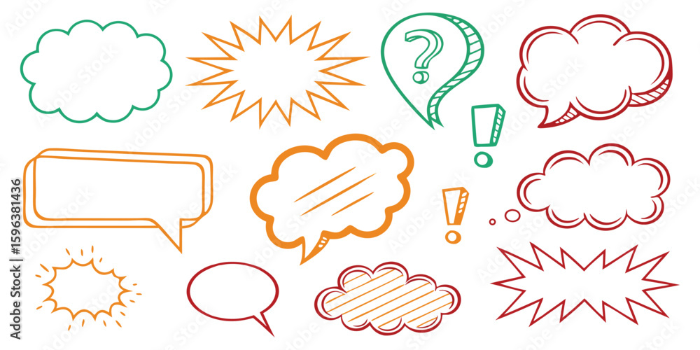 Poster set of colorful hand drawn speech bubble vector graphics. doodle sketch style dialog boxes and thoug