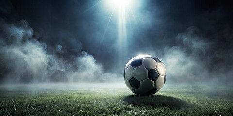 A lone soccer ball rests on a dewy field shrouded in an ethereal mist under a dramatic spotlight