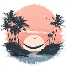 Serene Tropical Sunset with Hammock Between Palm Trees and Tranquil Ocean View