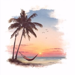 Tranquil Sunset on a Tropical Beach with a Hammock and Palm Trees Under a Colorful Sky with Gentle Waves