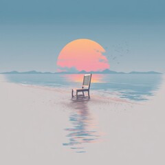 Tranquil Beach Scene with Empty Chair at Sunset Over Calm Water and Gentle Waves on Serene Coastline