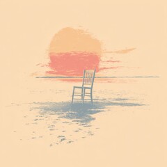 Empty Chair on a Beach at Sunset with Warm Color Tones and a Calming Atmosphere of Solitude and Reflection