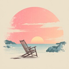 Tranquil Seaside Evening with Empty Chair Against Sunset and Gentle Waves in Soft Pastel Colors