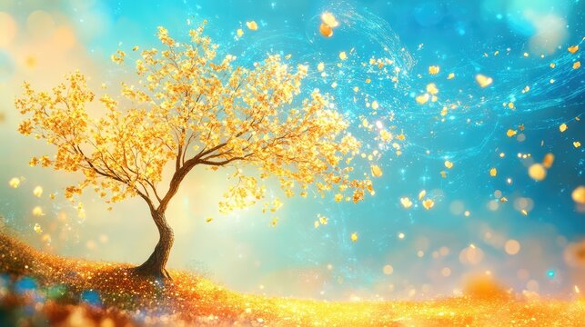 Elegant abstract tree with golden branches and swirling blue sparks, framed in a modern fantasy environment