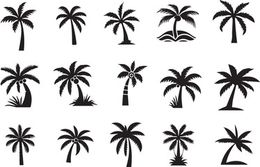 Collection of black palm tree silhouette icons featuring various tropical designs suitable for holiday, vacation, or summer themed projects