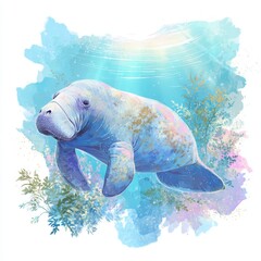 Colorful and Serene Illustration of a Manatee Swimming in a Vibrant Underwater Scene with Soft Light and Marine Flora