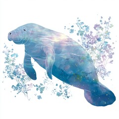Colorful Illustration of a Manatee Surrounded by Flowery Elements and Whimsical Patterns in a Dreamy Ocean Scene