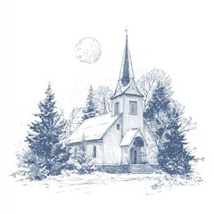 Winter Scene of a Charming Rustic Church Surrounded by Snowy Pines and a Big Moon in a Clear Blue Sky
