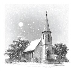 Snowy Scene Featuring Charming Gothic Church Surrounded by Trees Under a Soft Winter Sky with Gentle Snowflakes Falling