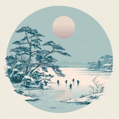 Serene Winter Landscape with Fishermen on Icy River under Soft Pink Sun and Pine Trees in Tranquil East Asian Scene
