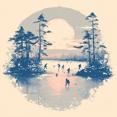 Tranquil Winter Scene with Ice Hockey Players Enjoying a Frozen Lake Surrounded by Pine Trees at Sunset