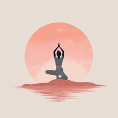 Serene silhouette of a woman practicing yoga at sunset with calm reflections on water in a peaceful meditative pose