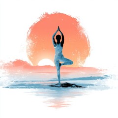 Serene Yoga Pose at Sunset Over Calm Waters With Warm Colors Enhancing Peaceful Atmosphere and Tranquility of Nature