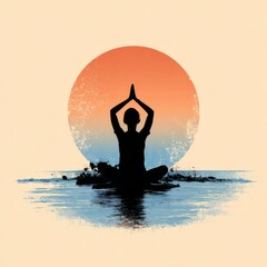 Serene Silhouette of a Person Meditating at Sunset Over Tranquil Water with Beautiful Orange and Blue Gradient Sky