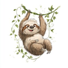 Cheerful cartoon sloth hanging from a vine surrounded by green leaves, showcasing a playful and relaxed nature of wildlife