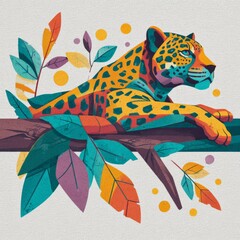 Vibrant Illustration of a Leopard Among Colorful Leaves in a Stylized Nature Scene with Abstract Elements