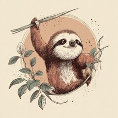 Cute sloth hanging from bamboo with cheerful expression surrounded by leaves and artistic design elements on a beige background