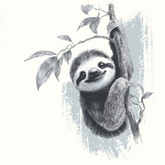 Cute and Playful Sloth Hanging on a Branch Surrounded by Leaves in a Minimalist Black and White Style Artwork
