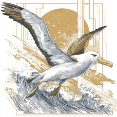 Majestic Albatross in Flight Over Ocean Waves with Gold Accents and Abstract Geometric Background Design