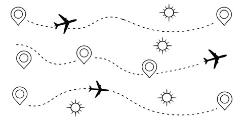 Airplane travel route vector set. Flight path with plane icon and location pin markers. Dotted line journey concept for map, infographic, and tourism design.
