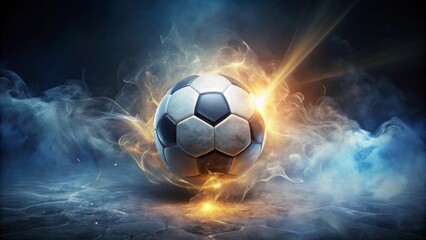 Naklejka premium A Fiery Soccer Ball Suspended in Mystical Smoke and Light, Ready for the Game