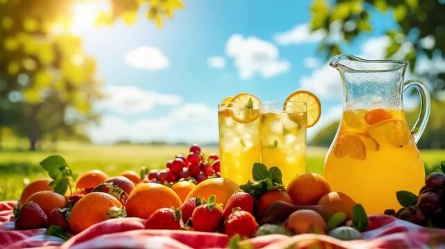 Refreshing summer drinks and snacks on a picnic table by the pool – National Refreshment Day celebration