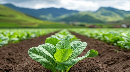 An abstract shot focusing on the repetitive pattern of tobacco plants in neat rows, with blurred background elements hinting at the natural contours and village structures of a hill tribe settlement