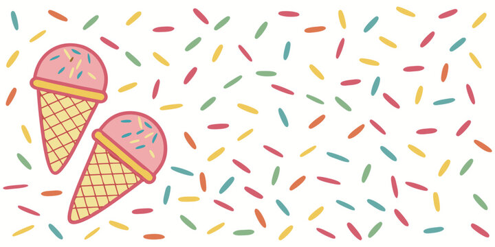 Ice cream cones with colorful sprinkles vector background. Fun summer dessert seamless pattern for party invitations, wallpaper, fabric, and sweet food design.
