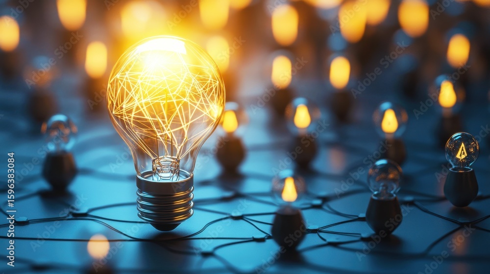 Poster bright idea with glowing light bulb surrounded by warm ambient lights on a network of wires symboliz
