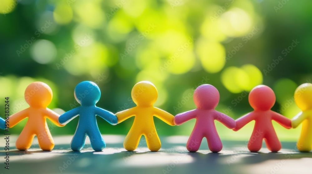 Poster colorful plastic figures holding hands against a soft green background creating a sense of unity and