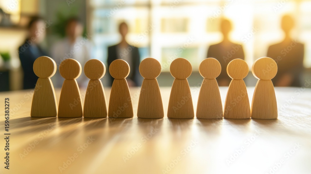 Poster wooden figures in front of business people in office setting with warm light and soft focus in backg