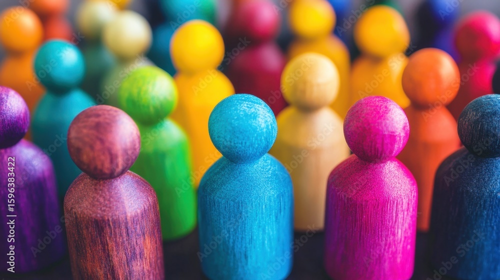 Poster colorful wooden figurines representing community and diversity in a group setting with various color