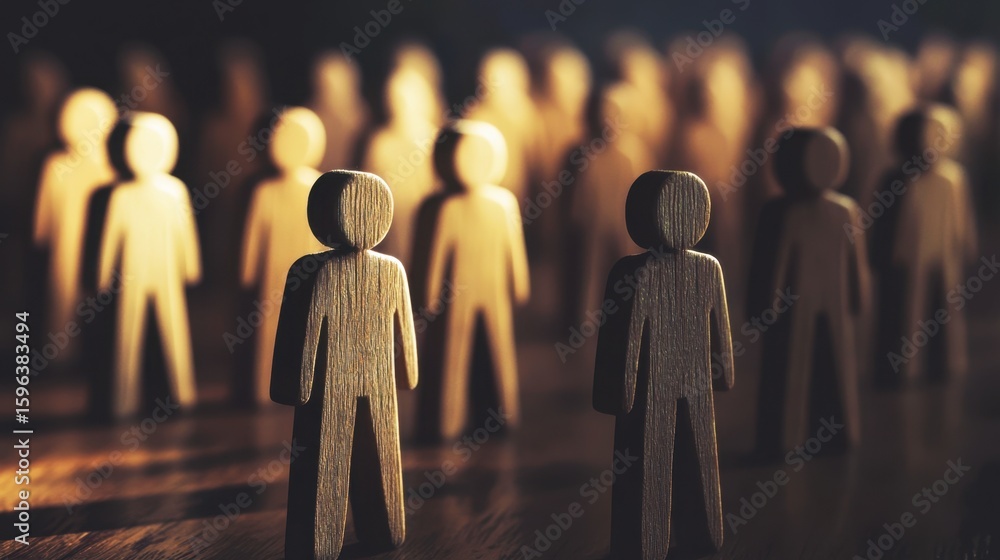 Poster wooden figurines representing people in soft focus with a dramatic light effect creating a serene an