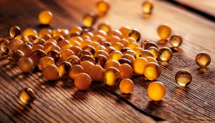 a close up of numerous small amber colored spheres scattered on a rustic wooden surface