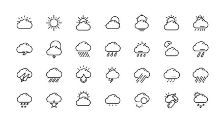 Collection of minimalist weather icons depicting various cloud conditions, sun, rain, and lightning.