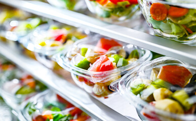 Boxes with fruit and vegetable salads in a commercial fridge
