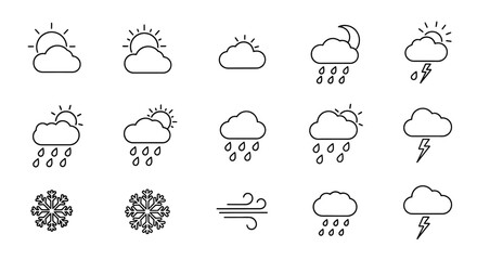 A collection of simple line icons depicting various weather conditions, including sun, clouds, rain, snow, and wind.